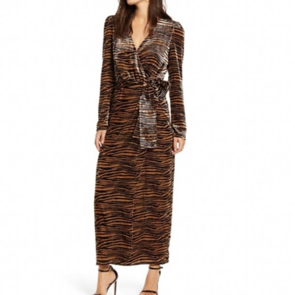 NWT WAYF Arlene Tiger Print Long Sleeve Wrap Dress